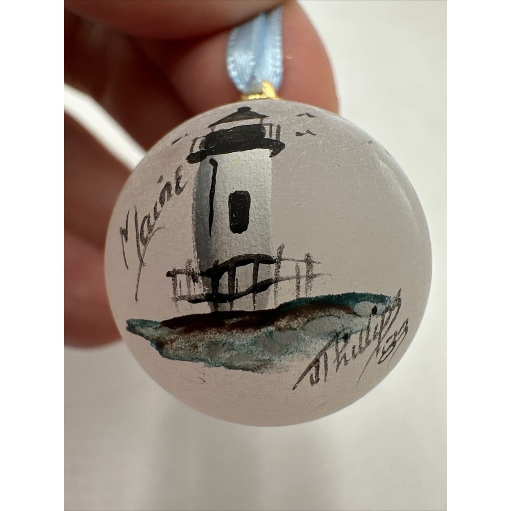 Hand Painted Glass Ornament Maine Signed Phillips 1983 Lighthouse Seagulls Mini
